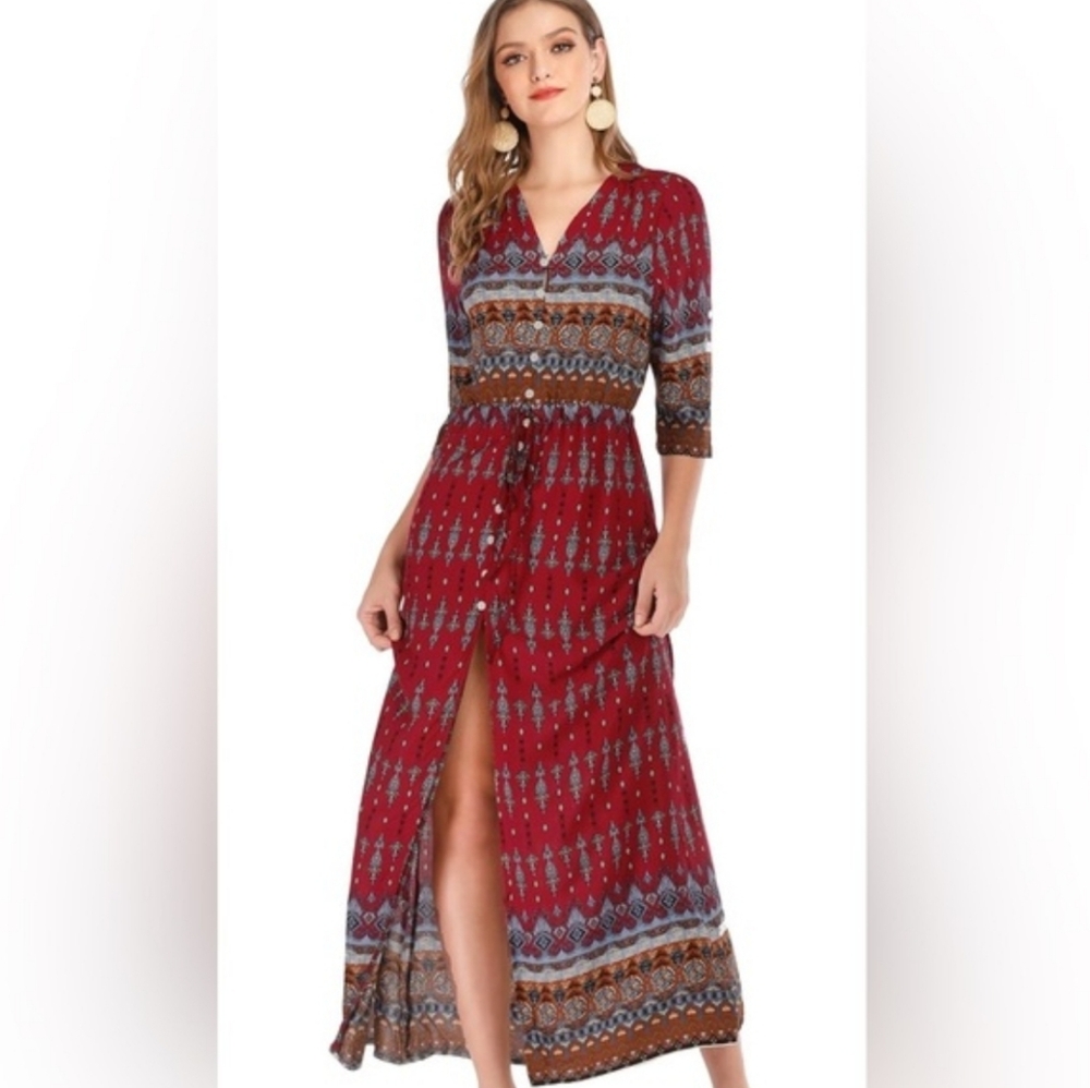 Bohemian Red Maxi Dress Button Front Print Slit Boho Duster Cardigan Casual XL